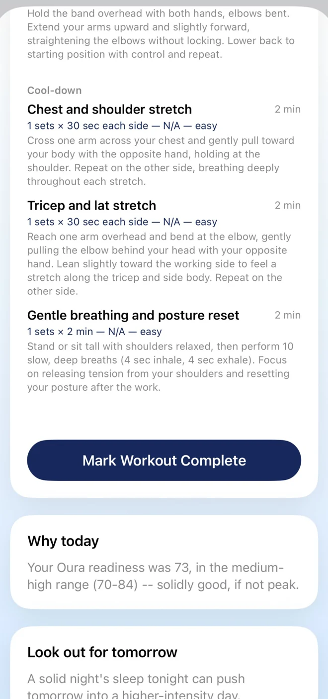 SOMA workout screen scrolled to the cool-down, the Mark Workout Complete button, and a "Why today" note explaining the Oura readiness score behind the plan