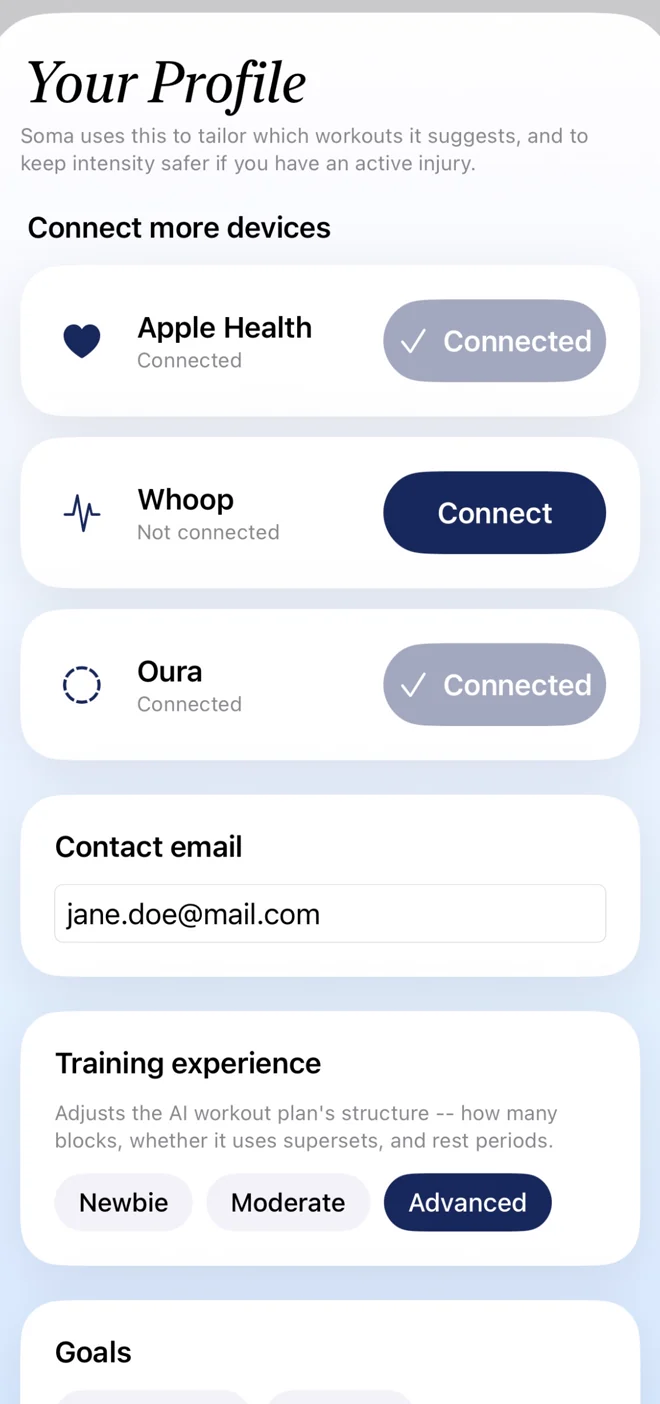 SOMA profile screen: Apple Health and Oura connected, Whoop ready to connect, plus contact email and training experience settings