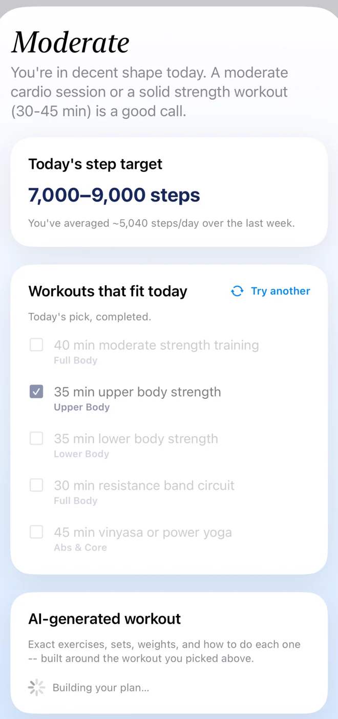 SOMA readiness detail: a 7,000–9,000 step target for today and a list of workouts that fit it, with the 35-minute upper body session picked